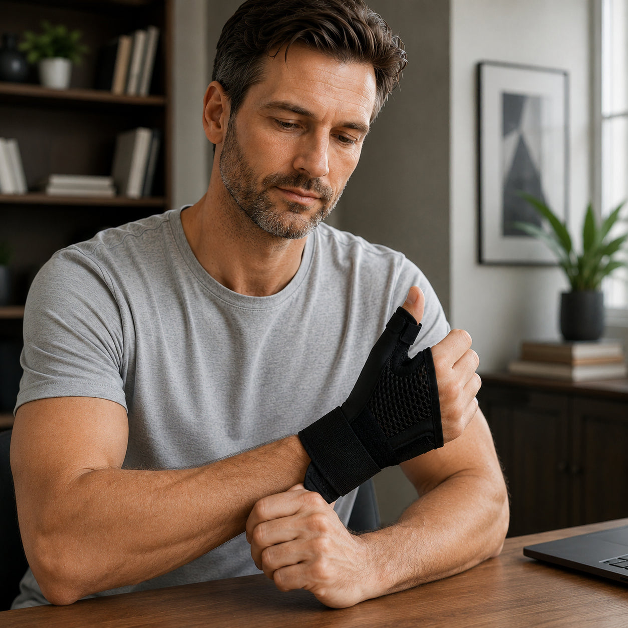 Un homme utilise un soutien de pouce orthopédique noir à la maison.