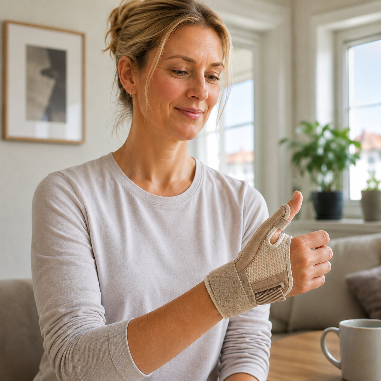 Une femme utilise un soutien de pouce orthopédique beige à la maison.