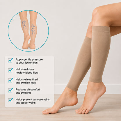 Chaussettes de compression pour mollets avec illustration des bienfaits de la compression sur la circulation sanguine.