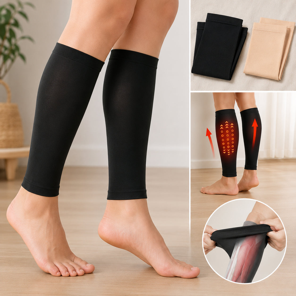 Chaussettes de compression pour mollets en noir et beige avec détails sur la matière et la compression.