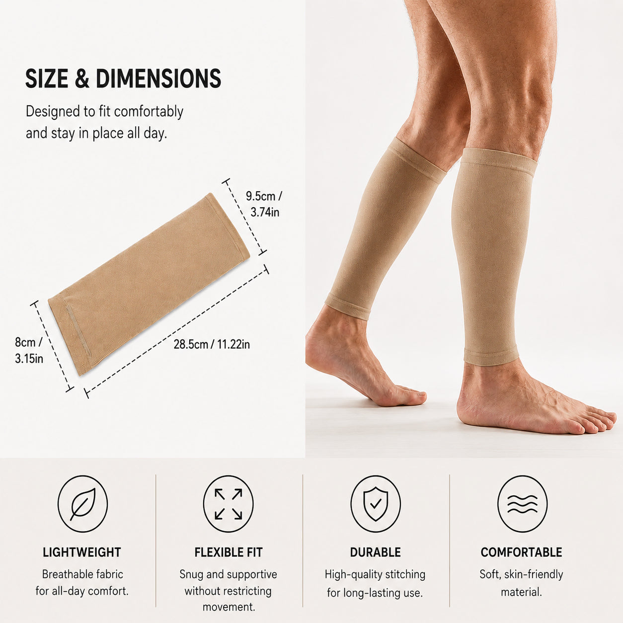 Mesures et caractéristiques des chaussettes de compression pour mollets en beige.