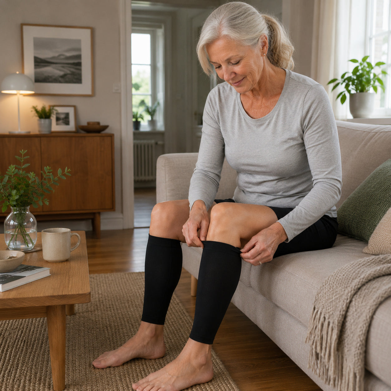 Une femme enfile des chaussettes de compression noires pour mollets à la maison.