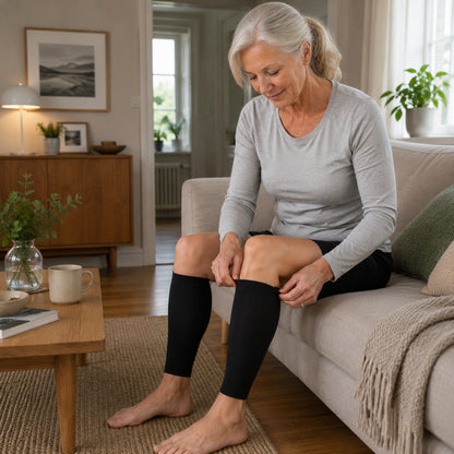 Une femme enfile des chaussettes de compression noires pour mollets à la maison.