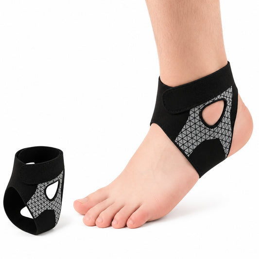 Chevillère réglable avec compression, talon ouvert et bande velcro stabilisatrice.