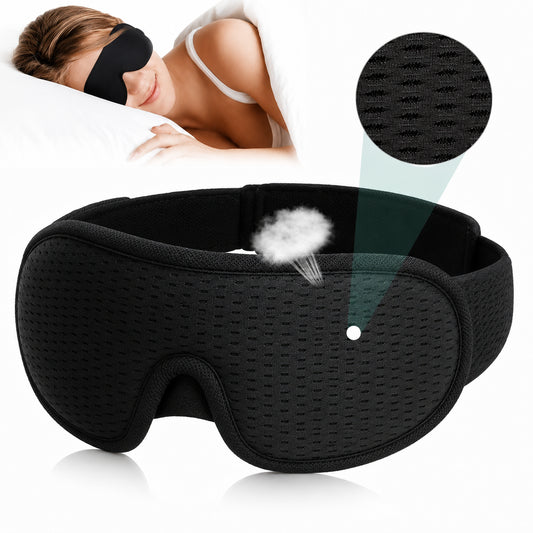 Masque de sommeil 3D noir en matière respirante pour un sommeil confortable.