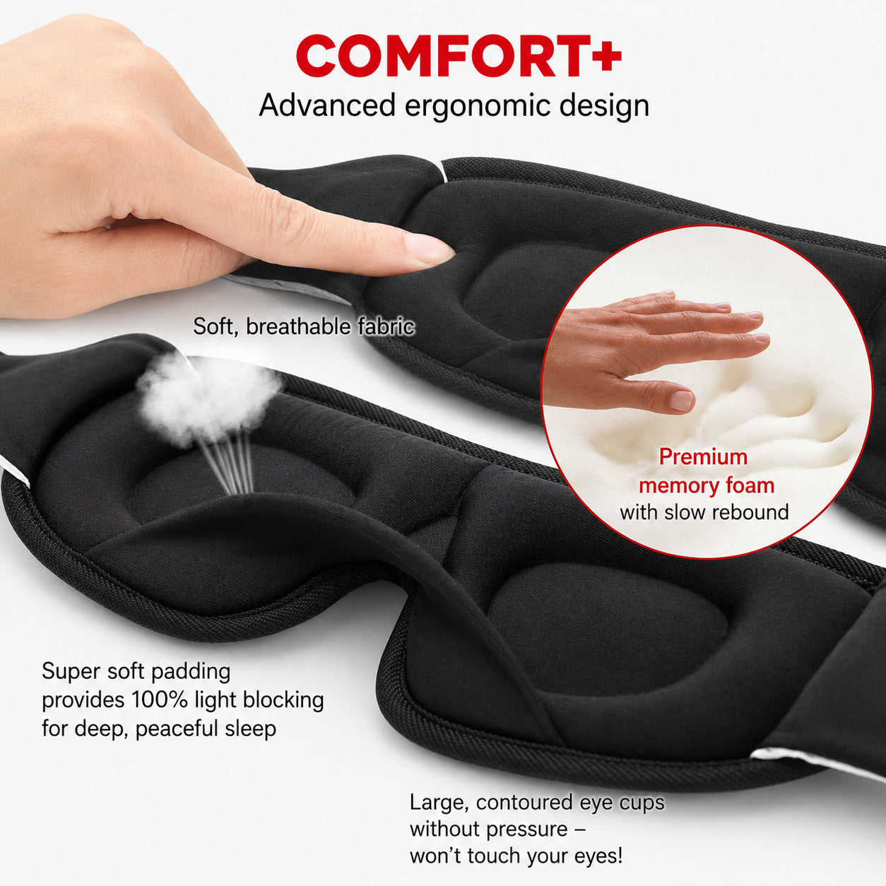 Gros plan sur un masque de sommeil 3D avec design ergonomique et mousse à mémoire de forme douce.