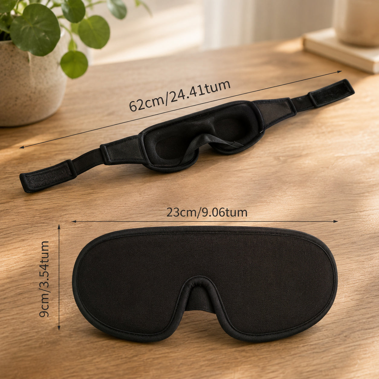 Guide des tailles avec mesures pour masque de sommeil 3D premium et bandeau réglable.