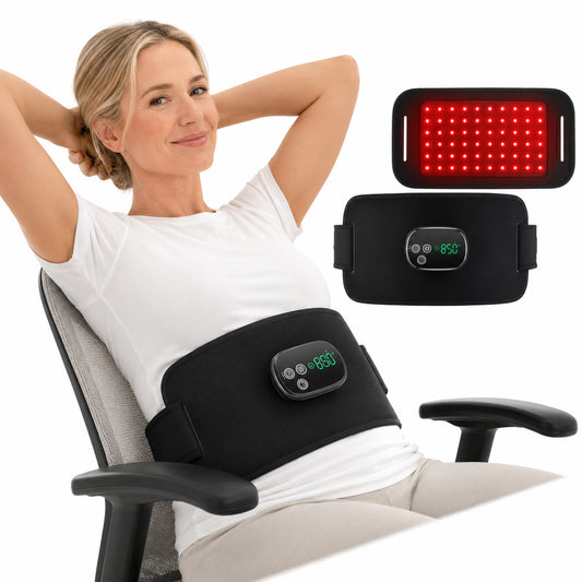Ceinture de photothérapie rouge pour la détente du ventre avec lumière infrarouge et fonction chauffante ajustable.