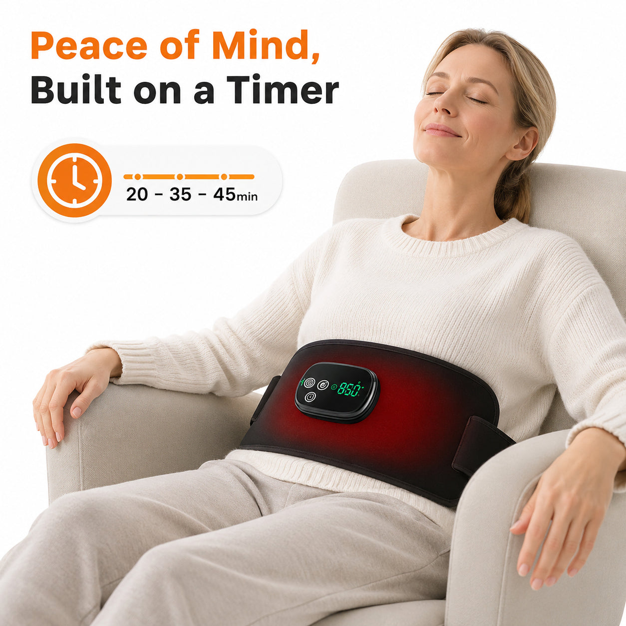 Ceinture de photothérapie rouge pour la détente du ventre avec fonction minuterie et durée de traitement ajustable.