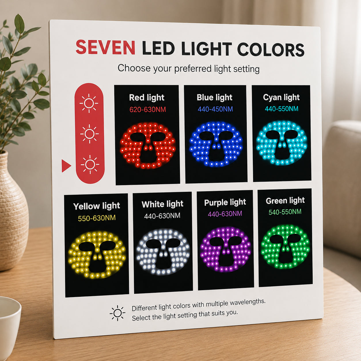 Masque de lumière rouge pour le visage avec sept couleurs de lumière LED sélectionnables et des longueurs d'onde spécifiées.