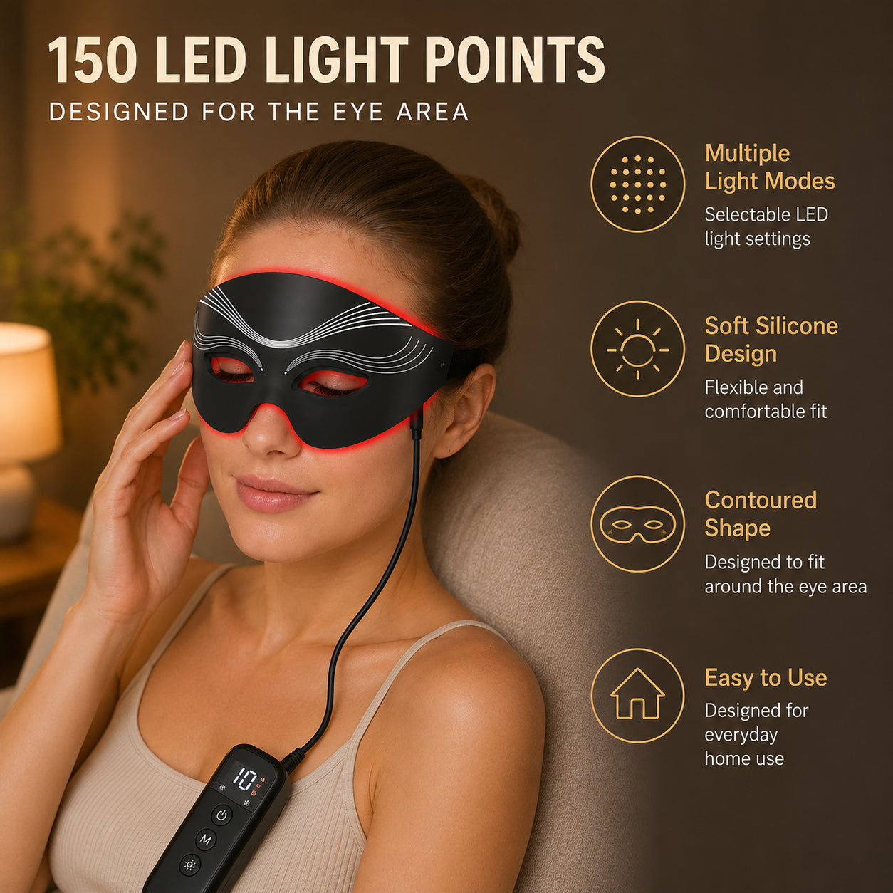`Masque oculaire de luminothérapie rouge avec 150 points de lumière LED, plusieurs modes de lumière et un design souple et réactif pour une utilisation à la maison.