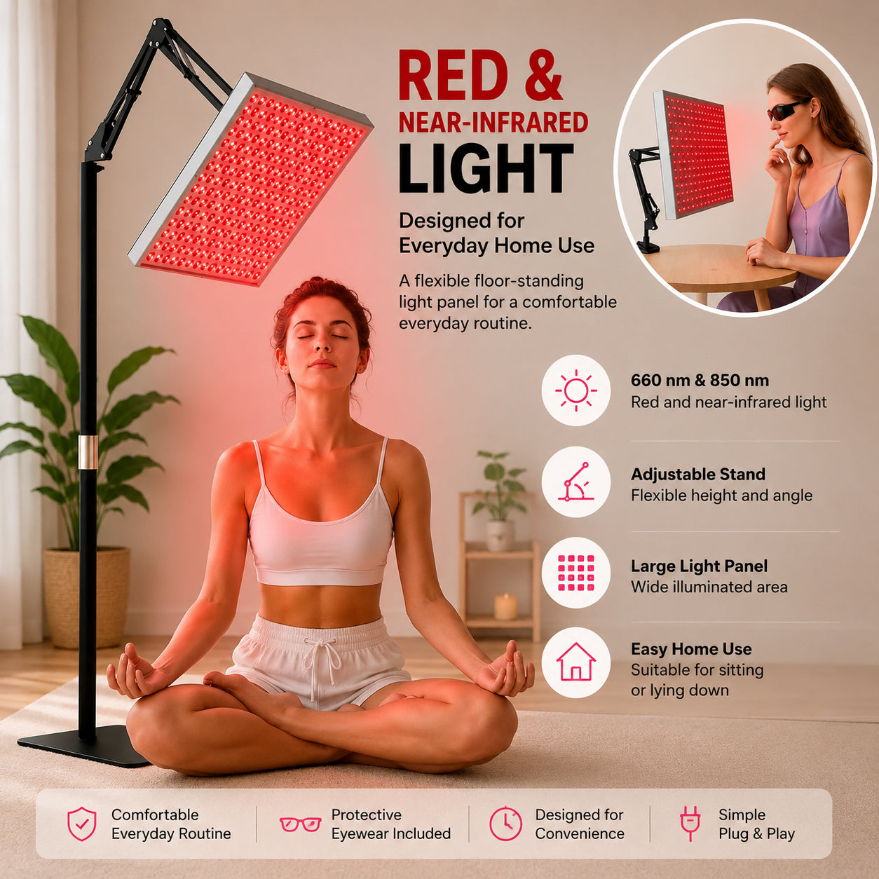 Lampe à lumière rouge avec pied de sol, lumière de 660 nm et 850 nm ainsi que panneau réglable pour une utilisation à la maison.