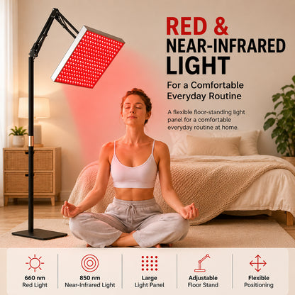 Lampe à lumière rouge avec pied de sol, lumière de 660 nm et 850 nm ainsi qu'un grand panneau LED réglable pour une utilisation à la maison.
