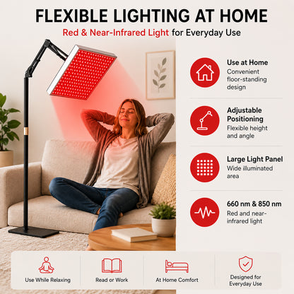 Lampe à lumière rouge avec pied de sol et lumière de 660 nm et 850 nm pour une utilisation flexible à la maison.