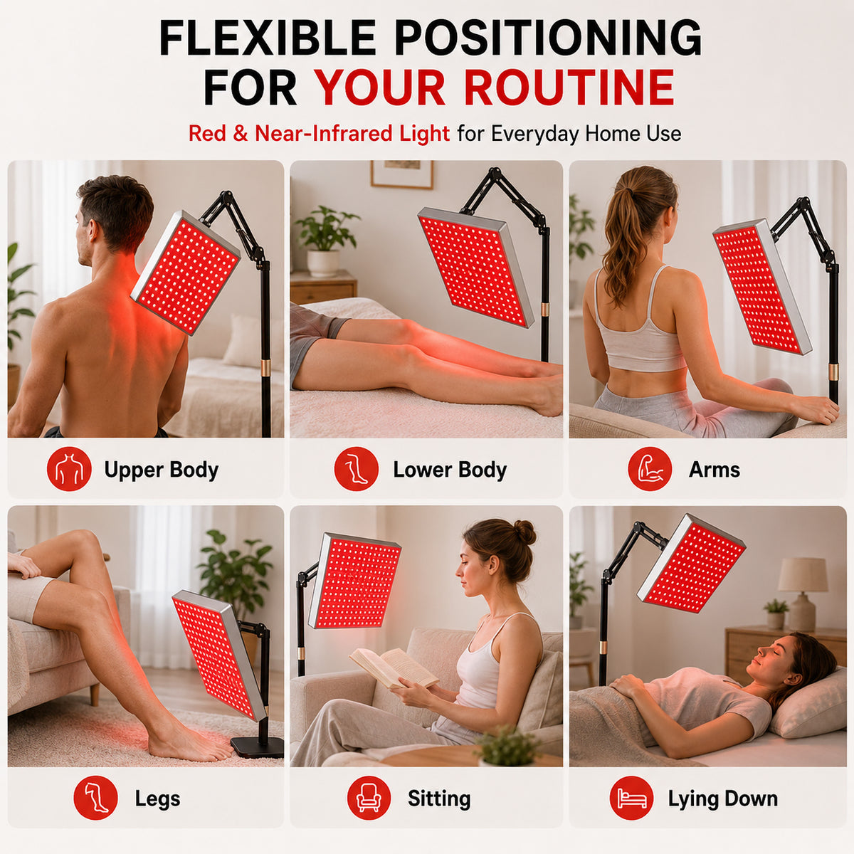 Lampe à lumière rouge avec support au sol qui peut être positionné pour s'asseoir, s'allonger et être utilisé à différentes parties du corps.