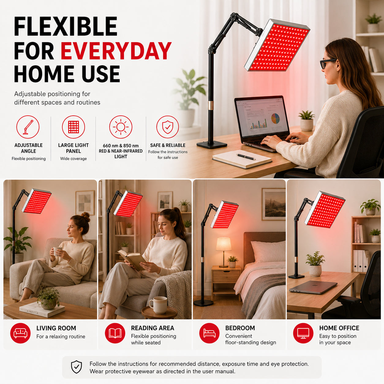 Lampe à lumière rouge avec support de sol réglable pour une utilisation flexible dans le salon, la chambre à coucher, le coin lecture et le bureau à domicile.