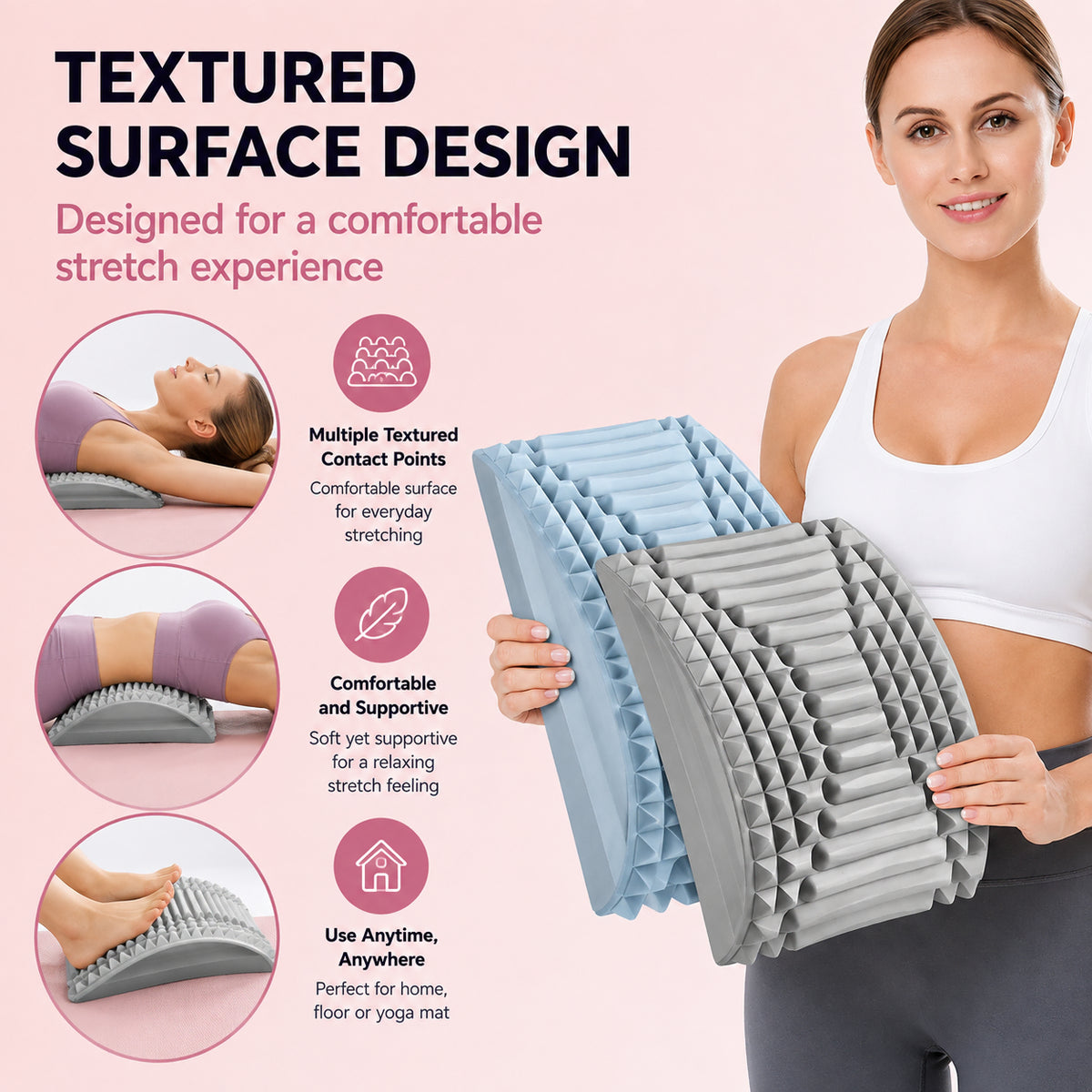 Tendeur dorsal avec surface structurée et plusieurs points de contact pour un étirement et une relaxation confortables.