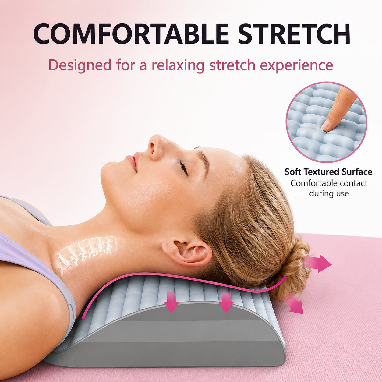 La femme utilise des civières dorsales avec une surface texturée douce pour un étirement confortable et relaxant.
