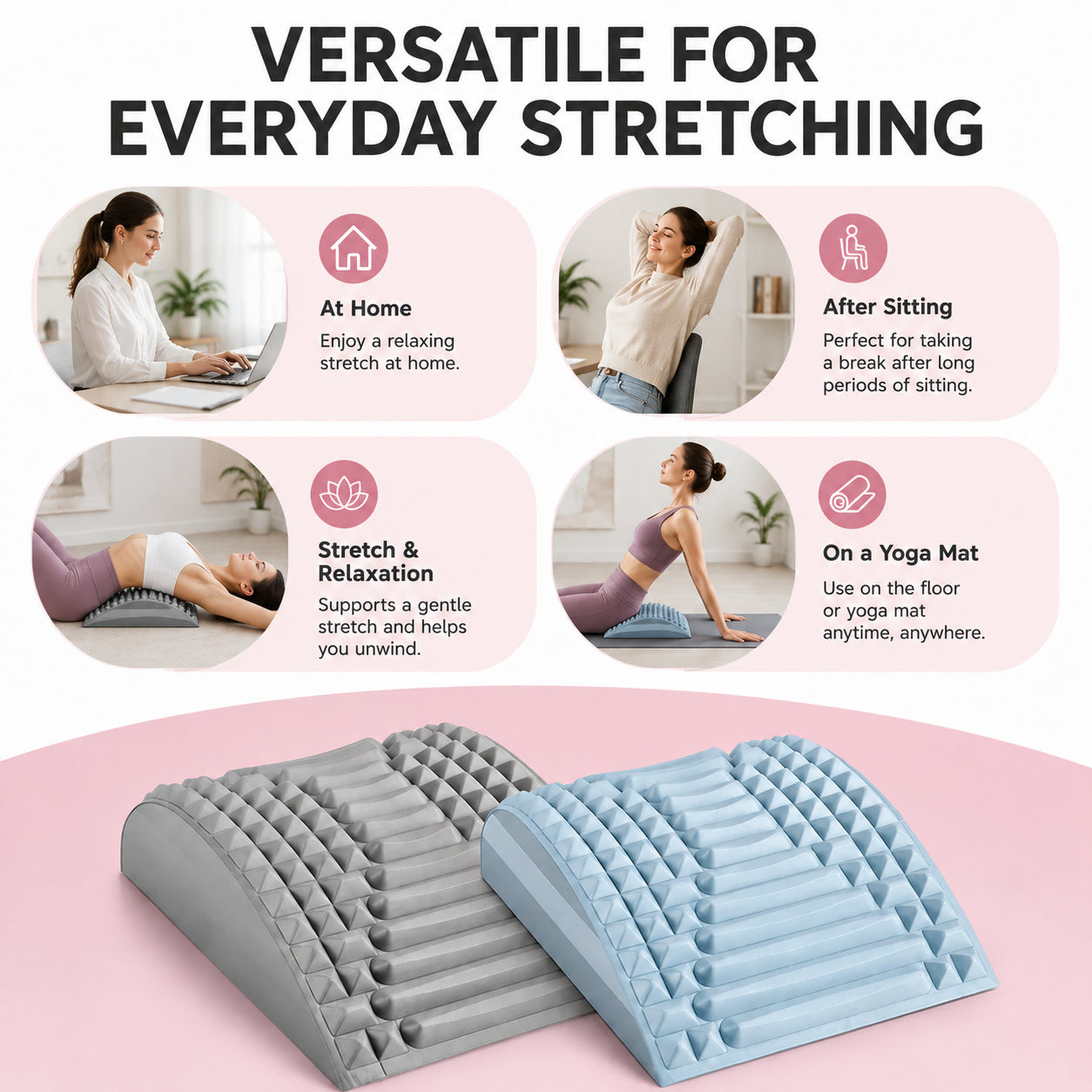 Tendeur dorsal pour un étirement confortable et une détente à la maison, après s'être assis ou sur un tapis d'entraînement.