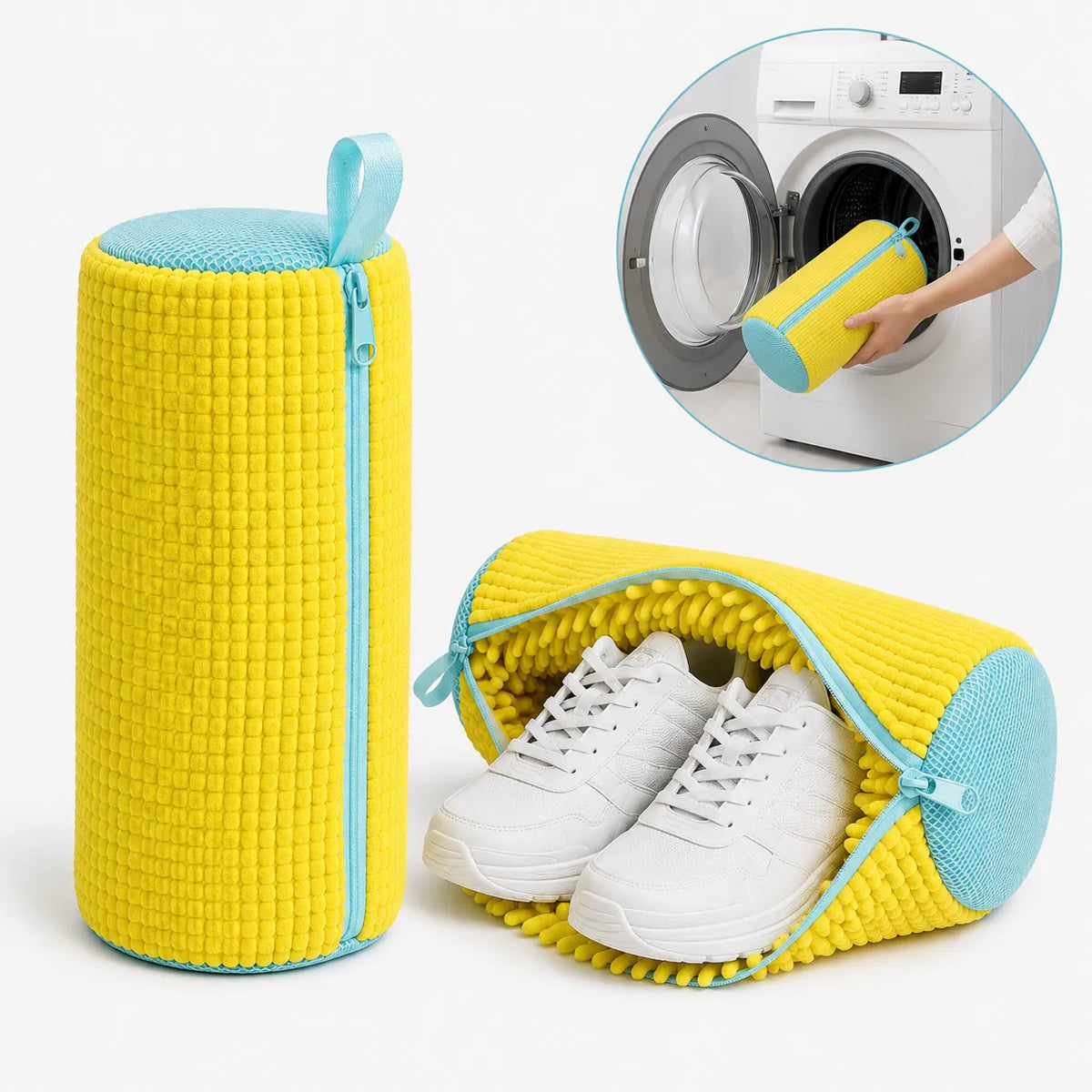 Sac de lavage de chaussures jaune et bleu en microfibre douce, illustré avec des baskets blanches et placé dans la machine à laver.