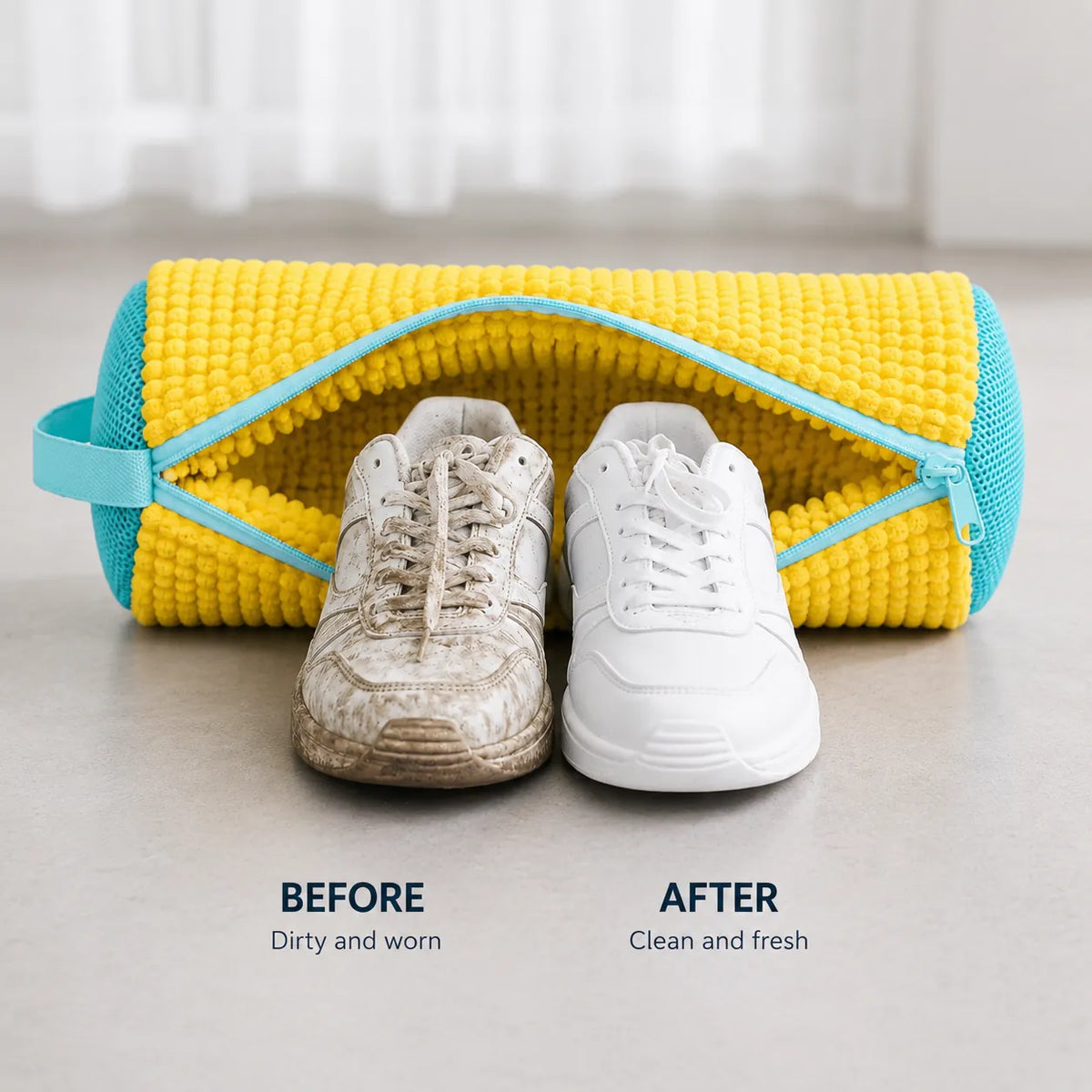 Sac de lavage de chaussures jaune en microfibre douce avec fermeture éclair, conçu pour protéger les chaussures lors du lavage en machine à laver.