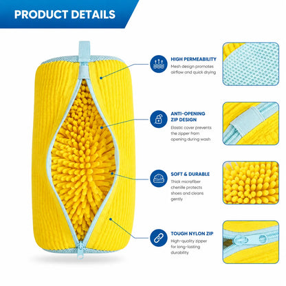 Sac de lavage de chaussures jaune en microfibre douce avec fermeture à glissière et boucle de suspension pratique, conçu pour un lavage en douceur des chaussures en machine à laver.