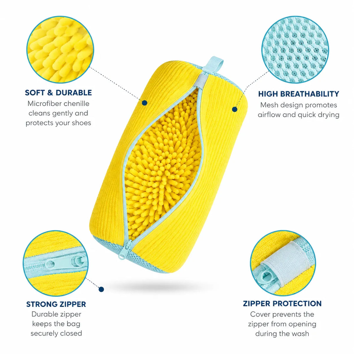 Sac de lavage de chaussures jaune en microfibre douce avec fermeture à glissière, conçu pour réduire l'usure et protéger les chaussures lors du lavage en machine.
