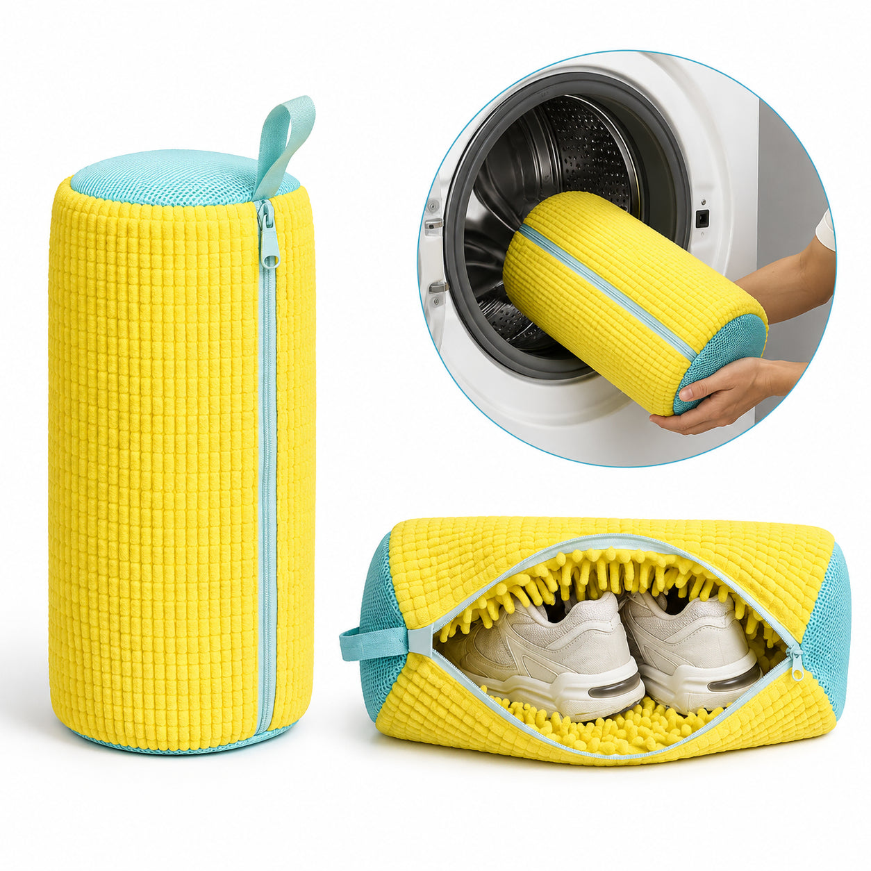 Sac de lavage de chaussures jaune en microfibre douce avec des baskets blanches, conçu pour un lavage doux et protecteur des chaussures en machine.
