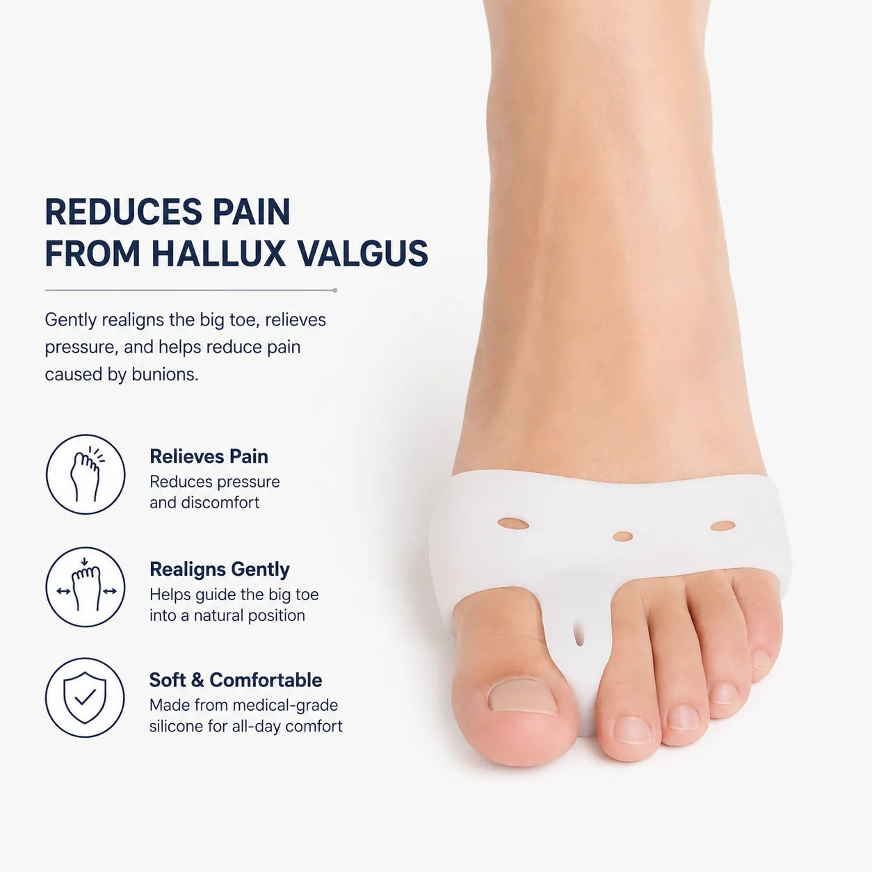 Protection pour hallux valgus en silicone doux qui sépare le gros orteil, réduit la pression sur l'articulation du gros orteil et apporte un soulagement confortable toute la journée.