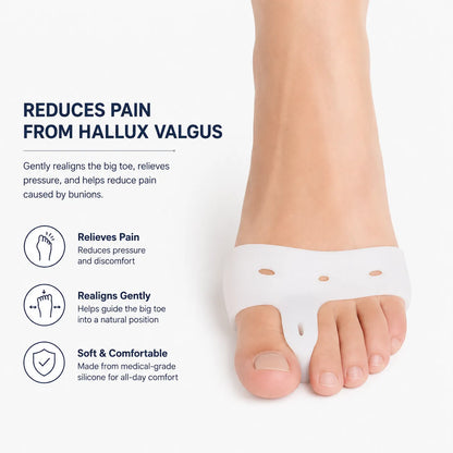Protection pour hallux valgus en silicone doux qui sépare le gros orteil, réduit la pression sur l'articulation du gros orteil et apporte un soulagement confortable toute la journée.