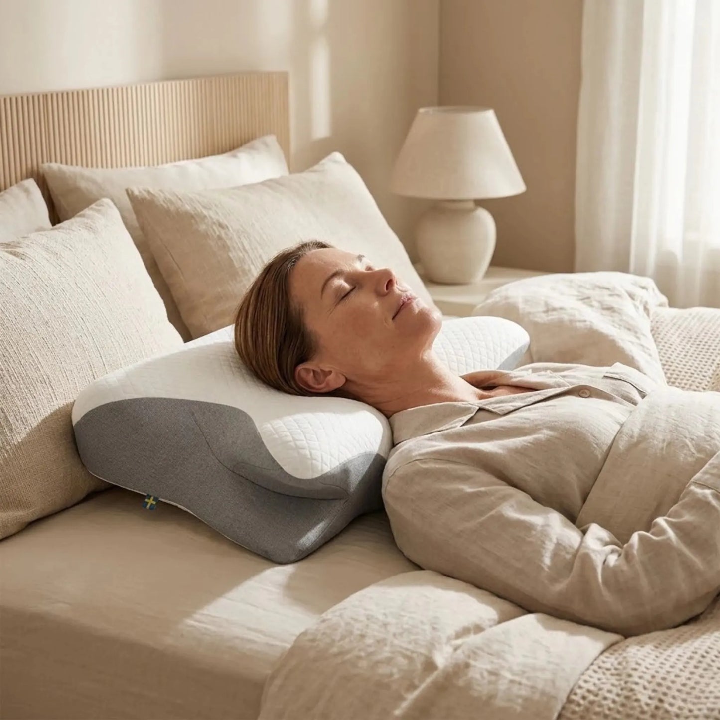 Skandinavisk kvinna som vilar i säng med ergonomisk sovkudde i mjukt quiltat material.