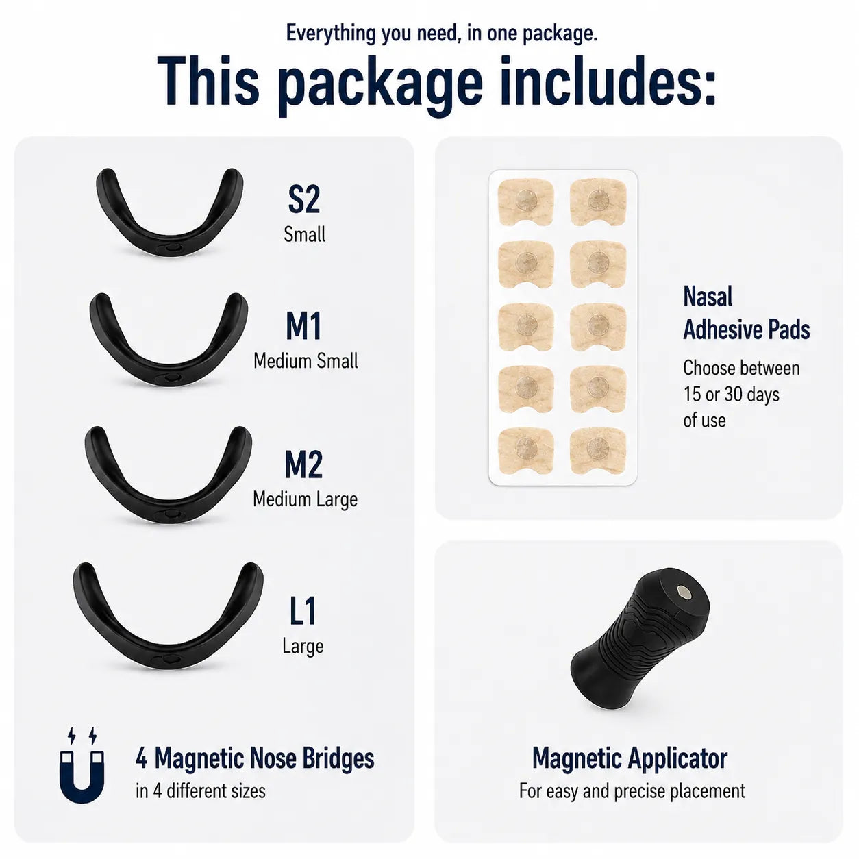 Contenu du paquet : quatre écarteurs nasaux magnétiques de tailles différentes, bandelettes nasales autocollantes et applicateur magnétique.