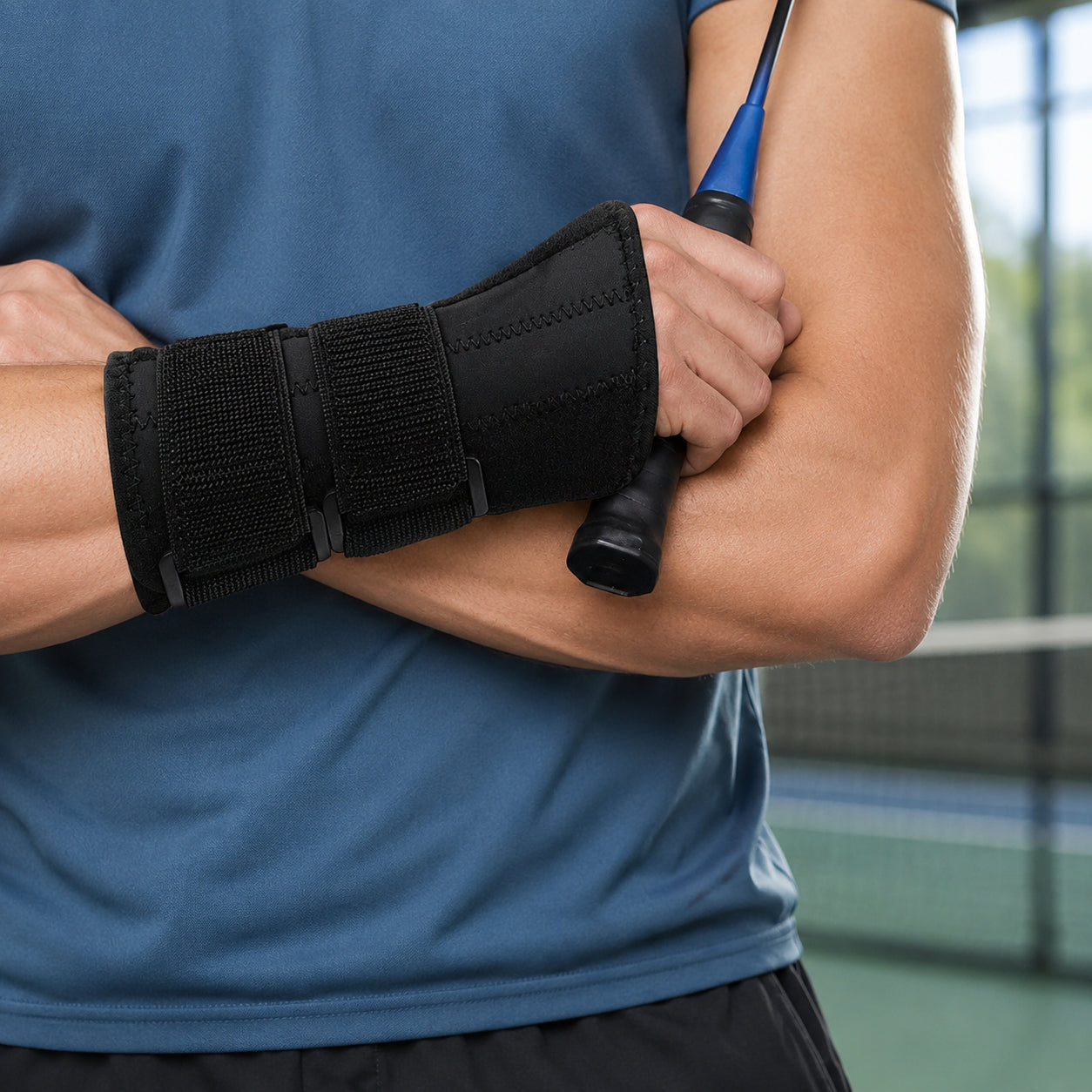 Une personne utilise un bandage de poignet stable pendant un sport de raquette.