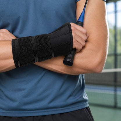 Une personne utilise un bandage de poignet stable pendant un sport de raquette.