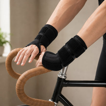 Une personne utilise des bandages de poignet stables en faisant du vélo.