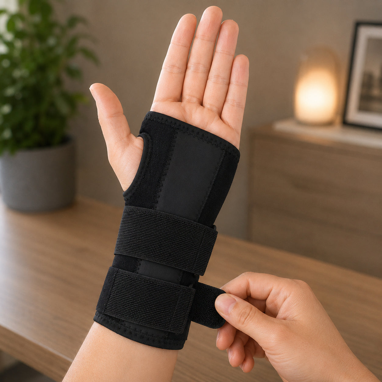 Une personne ajuste un bandage de poignet stable avec bande velcro à la maison.
