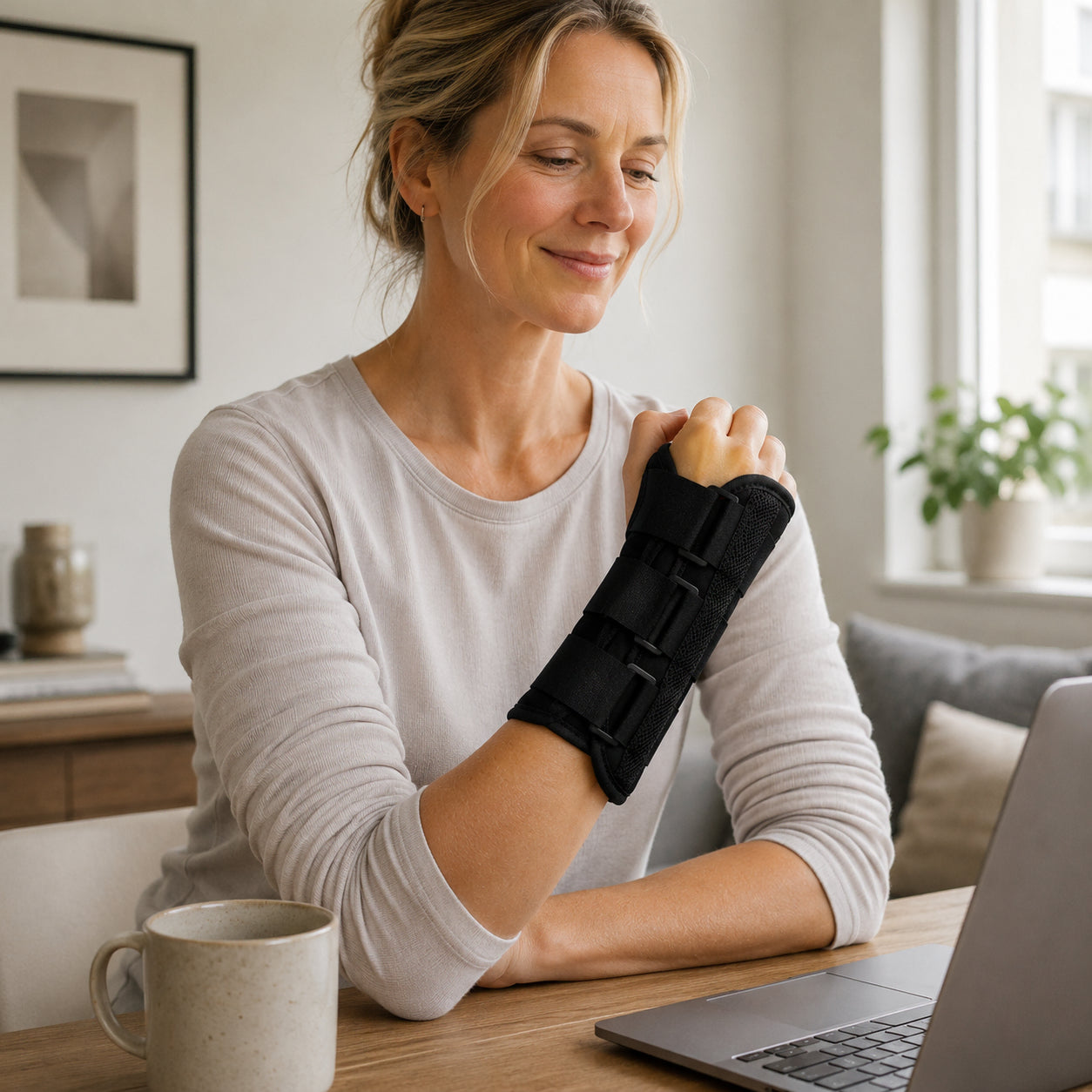 Une femme utilise une attelle de poignet stable noire en travaillant à la maison.