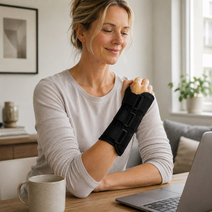 Une femme utilise une attelle de poignet stable noire en travaillant à la maison.