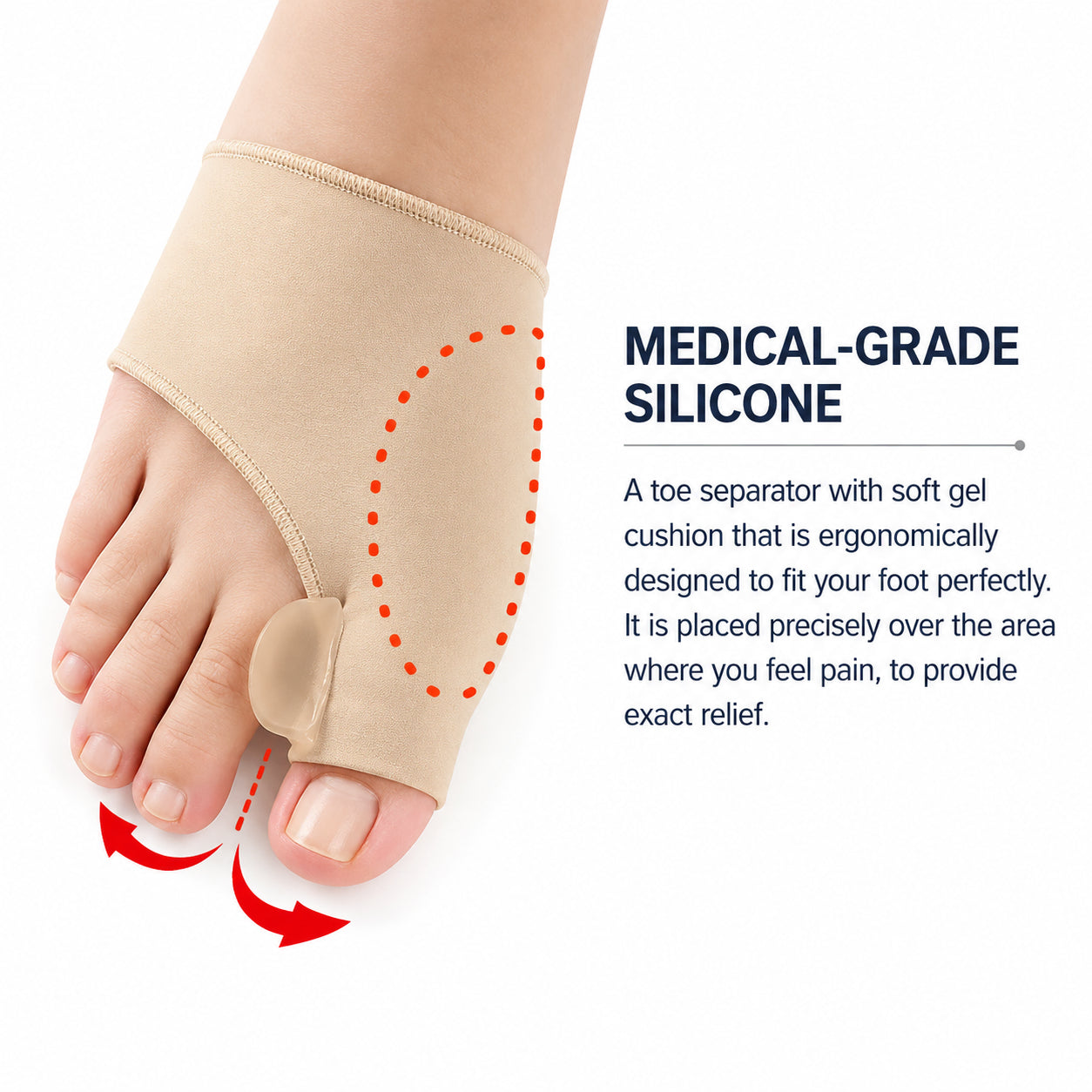 Stöd med mjuk tåseparerare och omslutande material runt framfoten.