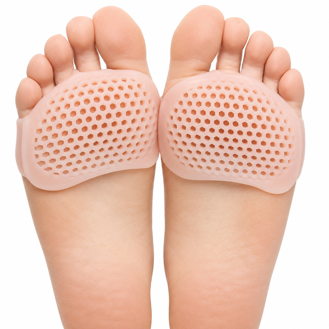 Coussinets pour l'avant-pied en silicone doux avec structure en nid d'abeille respirante sous la plante du pied.