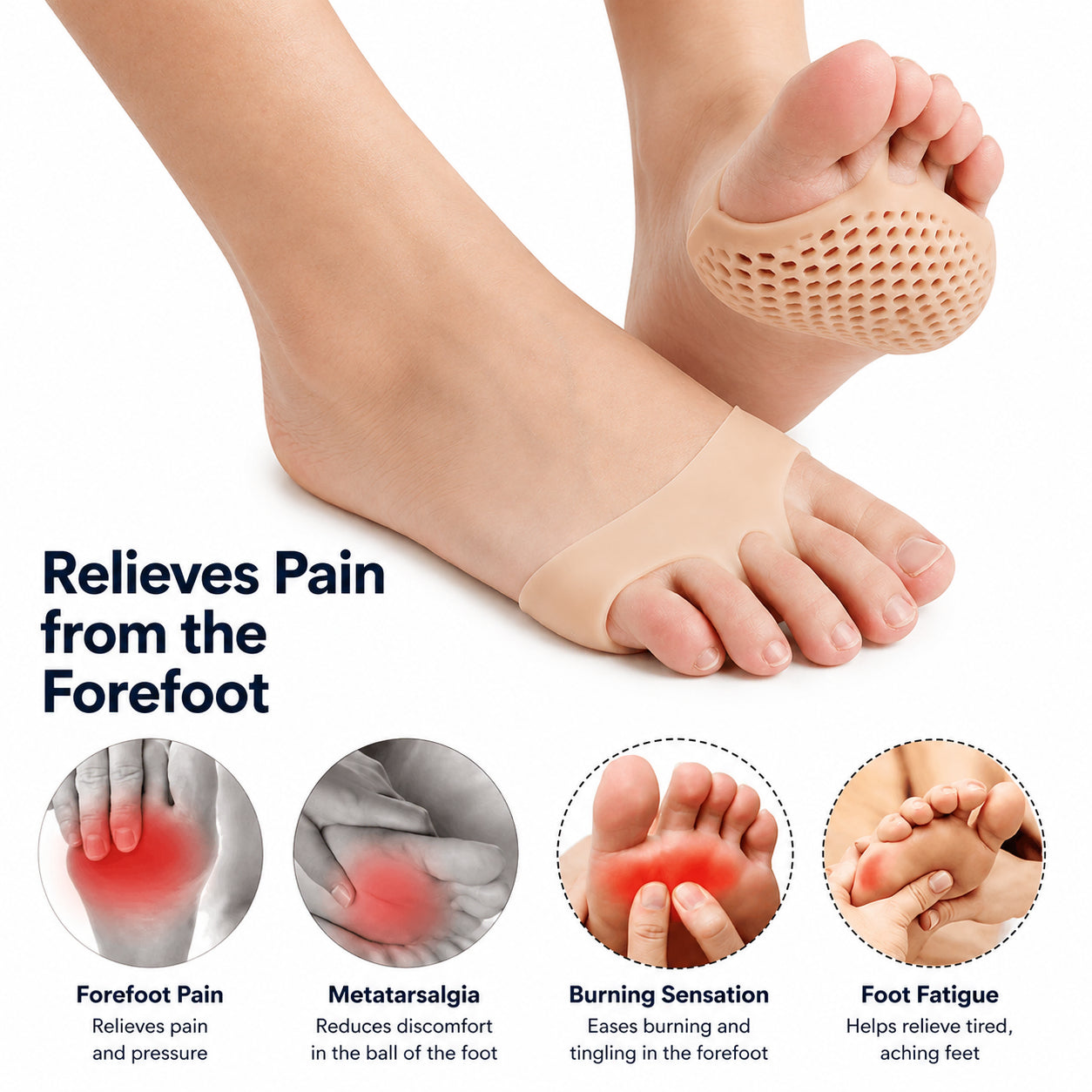 Coussinets pour l'avant-pied en silicone qui soulagent la plante du pied et amortissent la pression au niveau de l'avant-pied.