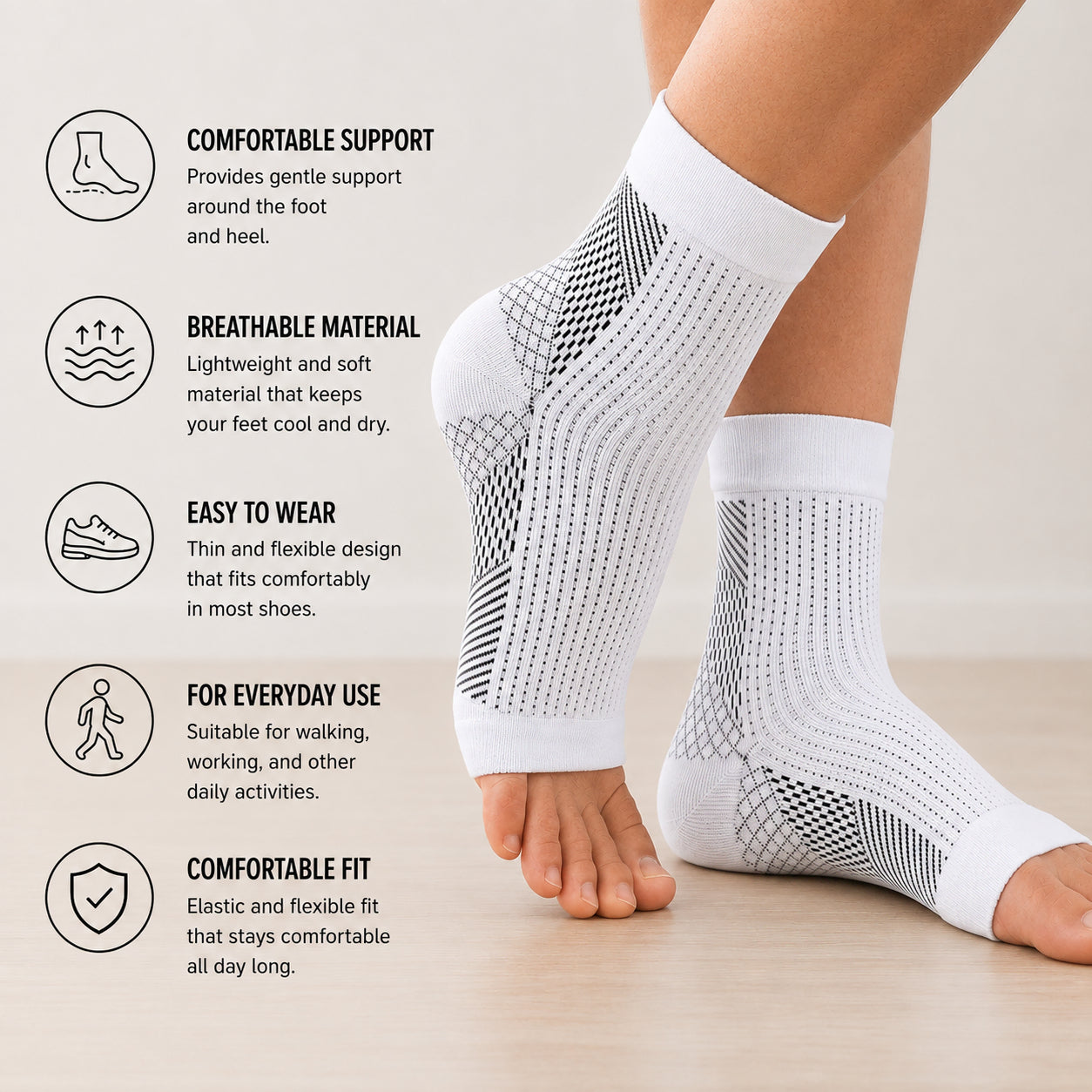 Bas de maintien du pied et du talon en matière élastique et respirante pour une utilisation confortable au quotidien.