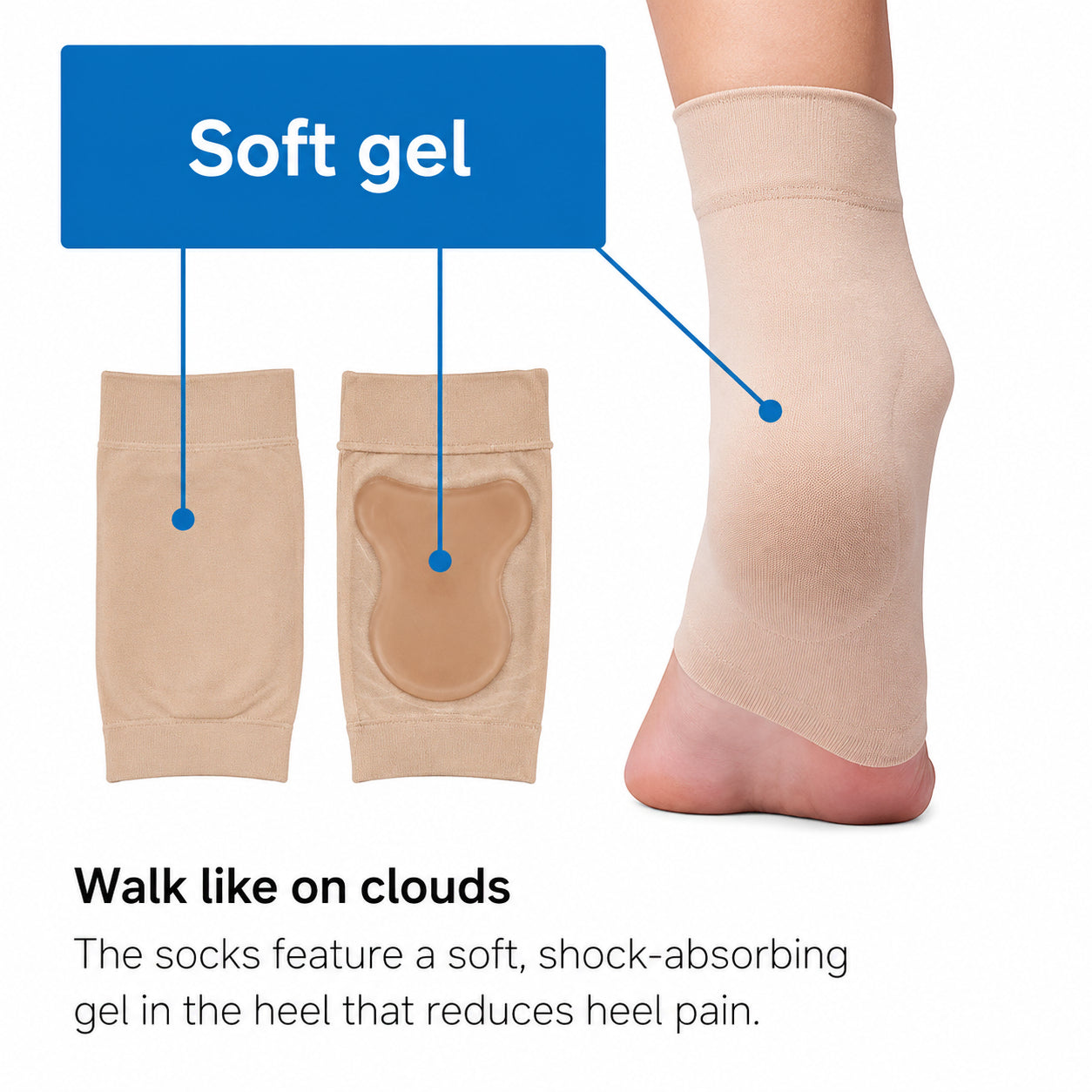 Chaussette de soutien pour épine calcanéenne avec coussin en gel doux au talon pour plus d'amorti et de confort.