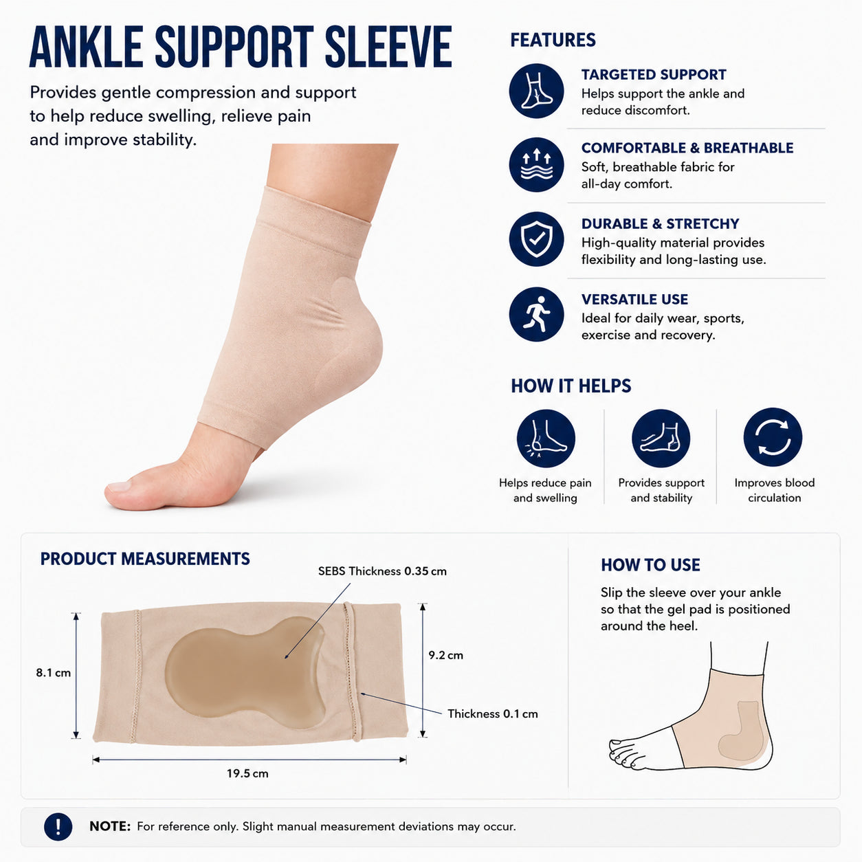 Chaussette de soutien pour épine calcanéenne avec coussin en gel, dimensions du produit et présentation des caractéristiques du soutien.