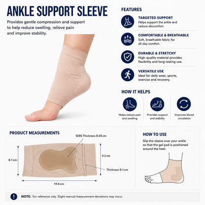 Chaussette de soutien pour épine calcanéenne avec coussin en gel, dimensions du produit et présentation des caractéristiques du soutien.