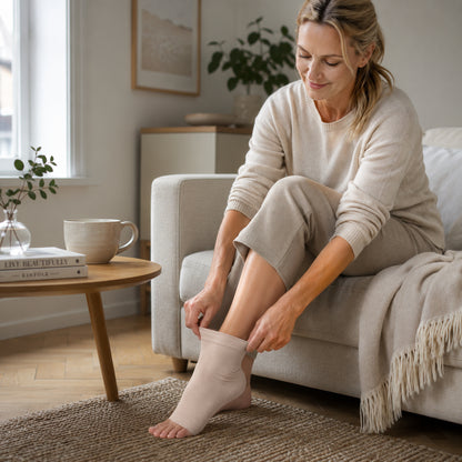 Une femme enfile une chaussette de soutien pour épine calcanéenne avec coussin en gel à la maison.