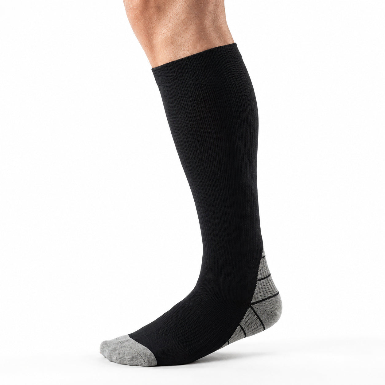 Svarta stodstrumpor med knähög passform och förstärkt häl och tå.