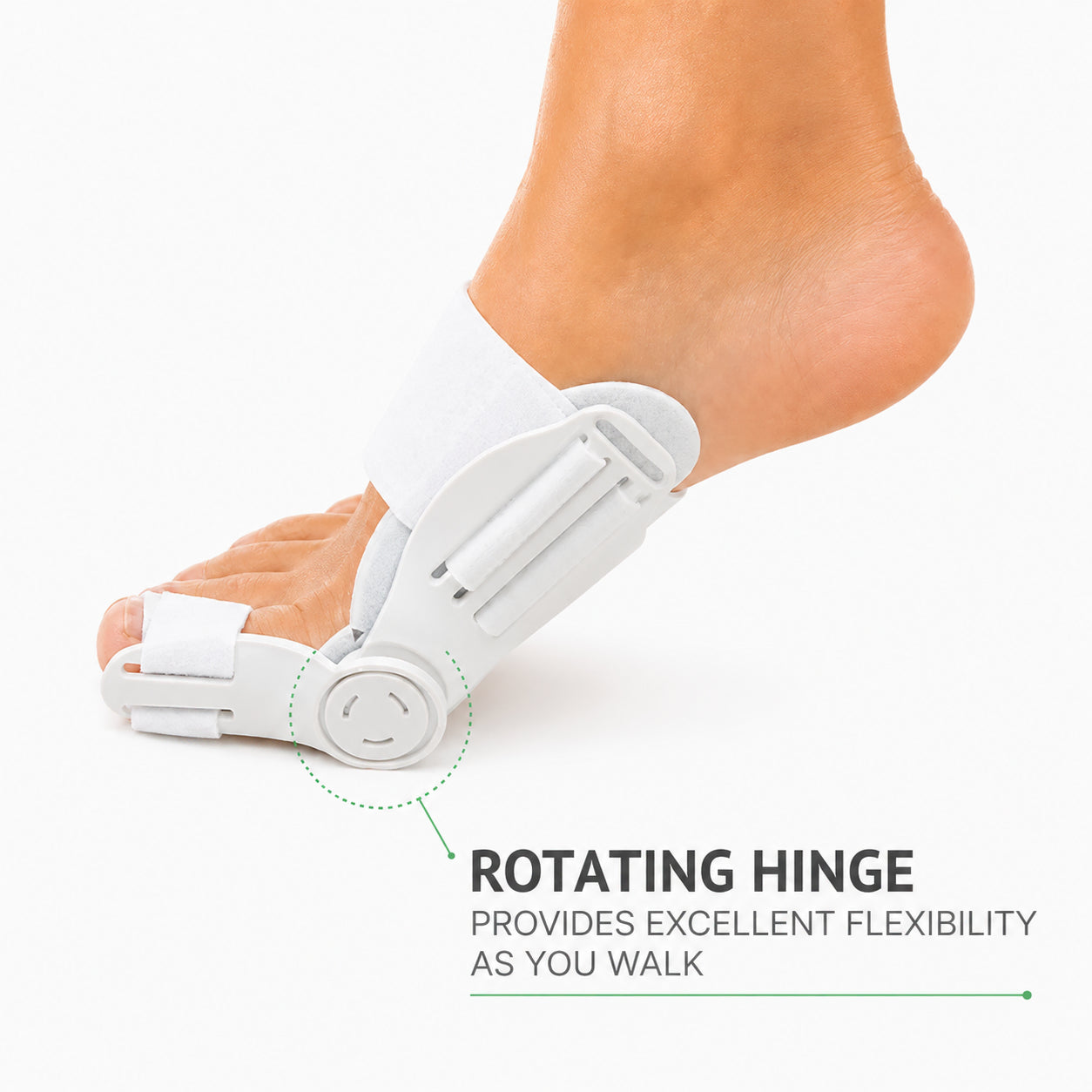 Correcteur d'hallux valgus avec articulation réglable qui aide à redresser le gros orteil et apporte un soutien en marchant.