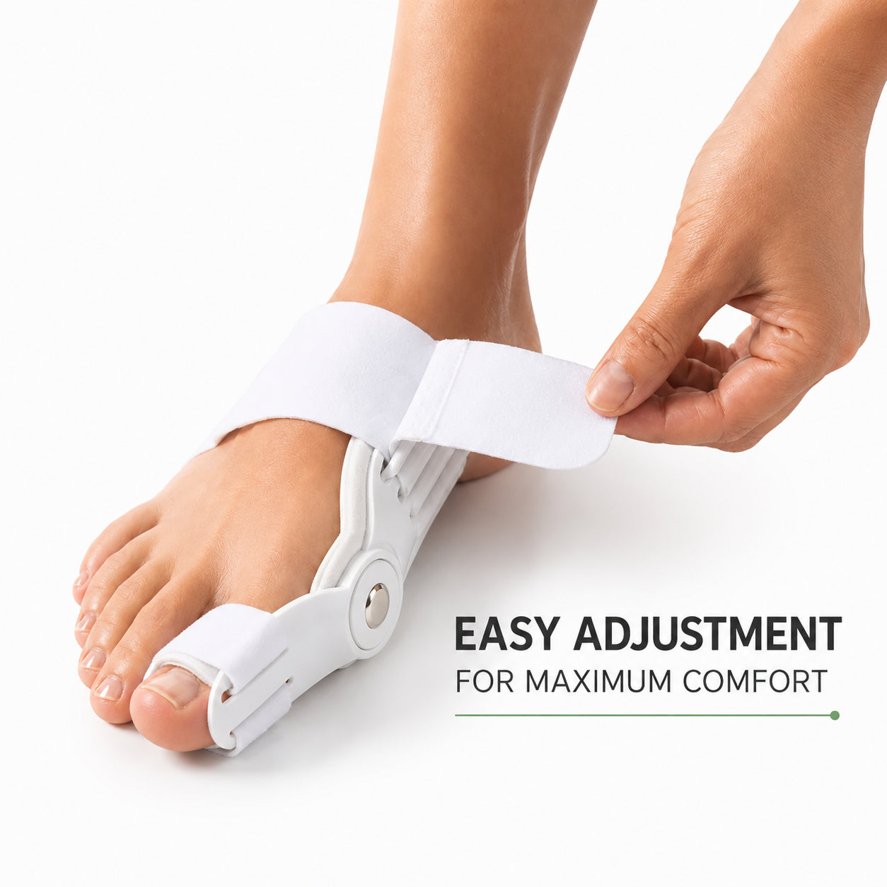 Correcteur d'hallux valgus avec sangles réglables qui aide à redresser le gros orteil et offre un ajustement confortable et individuel.