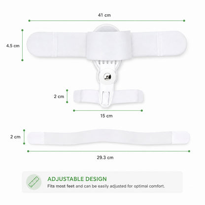 Guide des tailles montrant les dimensions et le design réglable du correcteur d'hallux valgus avec attelle articulée pour le gros orteil.